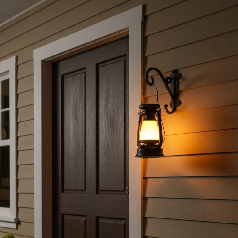 Vintage rechargeable camping lantern temporarily hanging beside a home entry for warm evening light