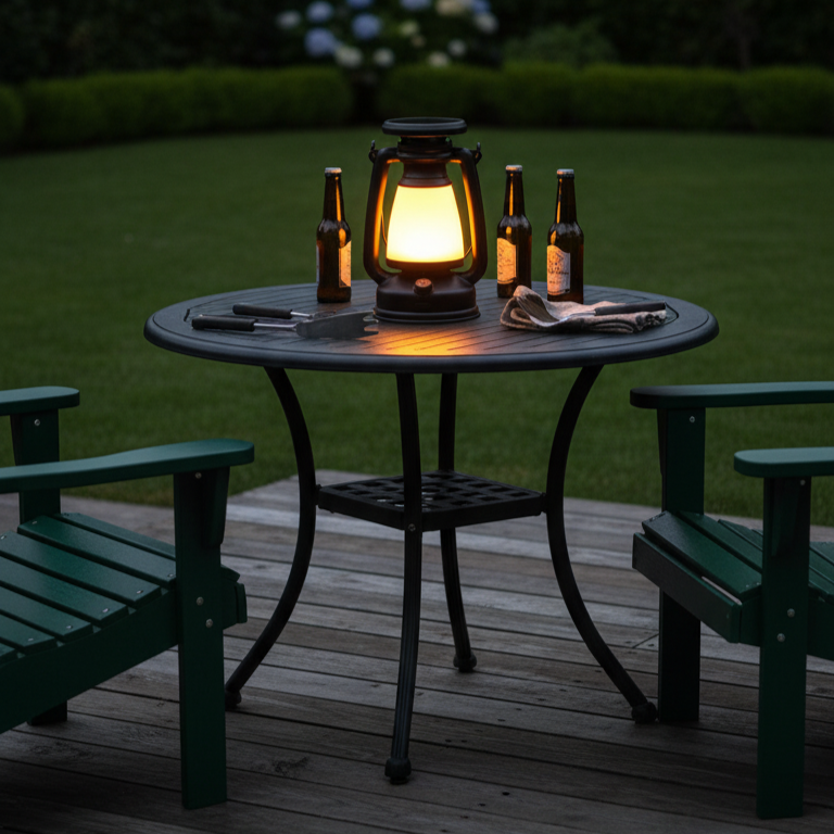 Vintage rechargeable camping lantern providing warm tabletop light on an outdoor patio dining set at dusk