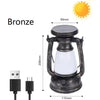 Detailed product view of the vintage solar and USB rechargeable LED lantern showing its light chamber, body and carry handle