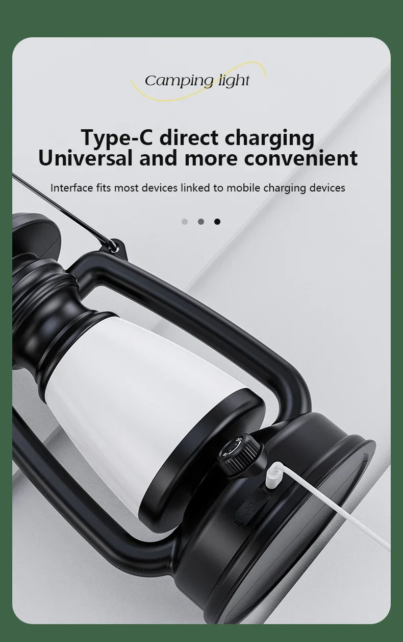 Detailed product view of a rechargeable vintage LED camping lantern showing the light chamber, body and carry handle