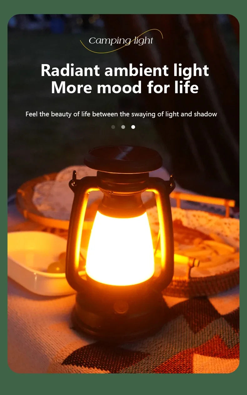 Compact rechargeable vintage camping lantern used as tabletop lighting for tents, outdoor dining and emergency use
