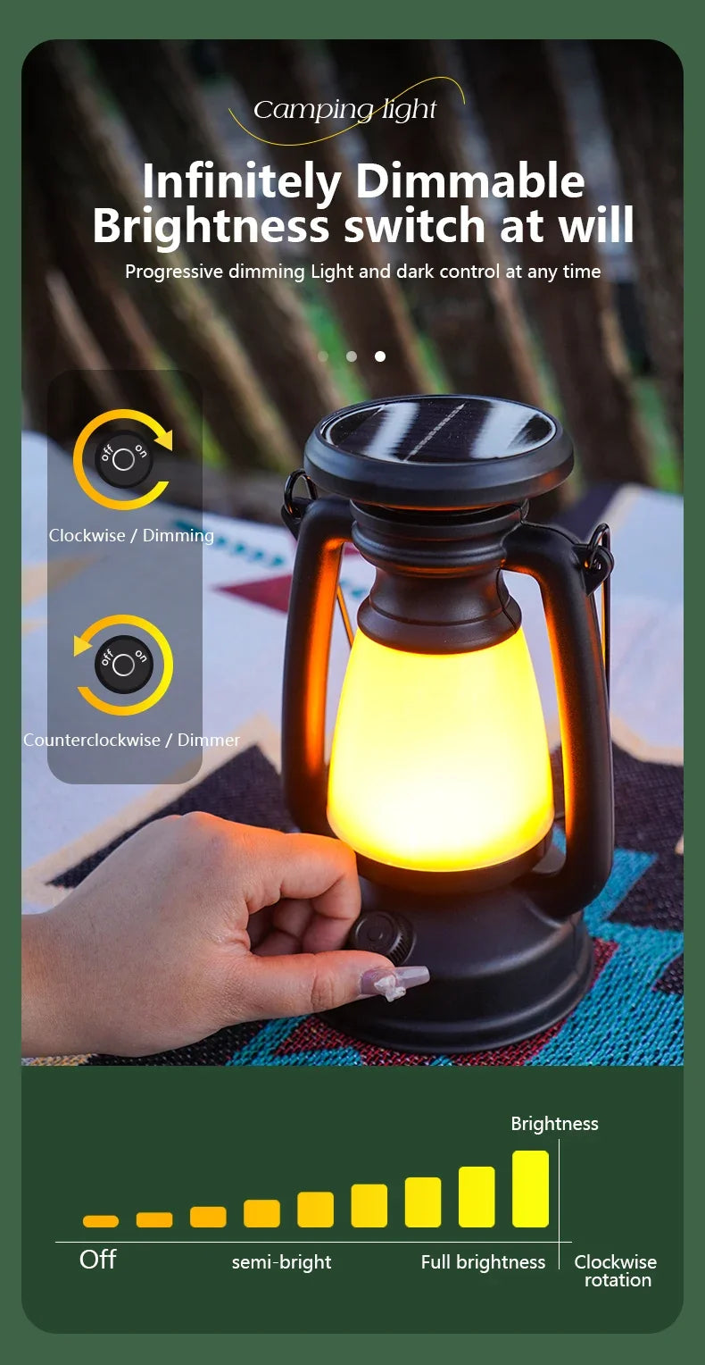 Vintage rechargeable camping lantern demonstrating warm ambient illumination for relaxing evening and campsite lighting