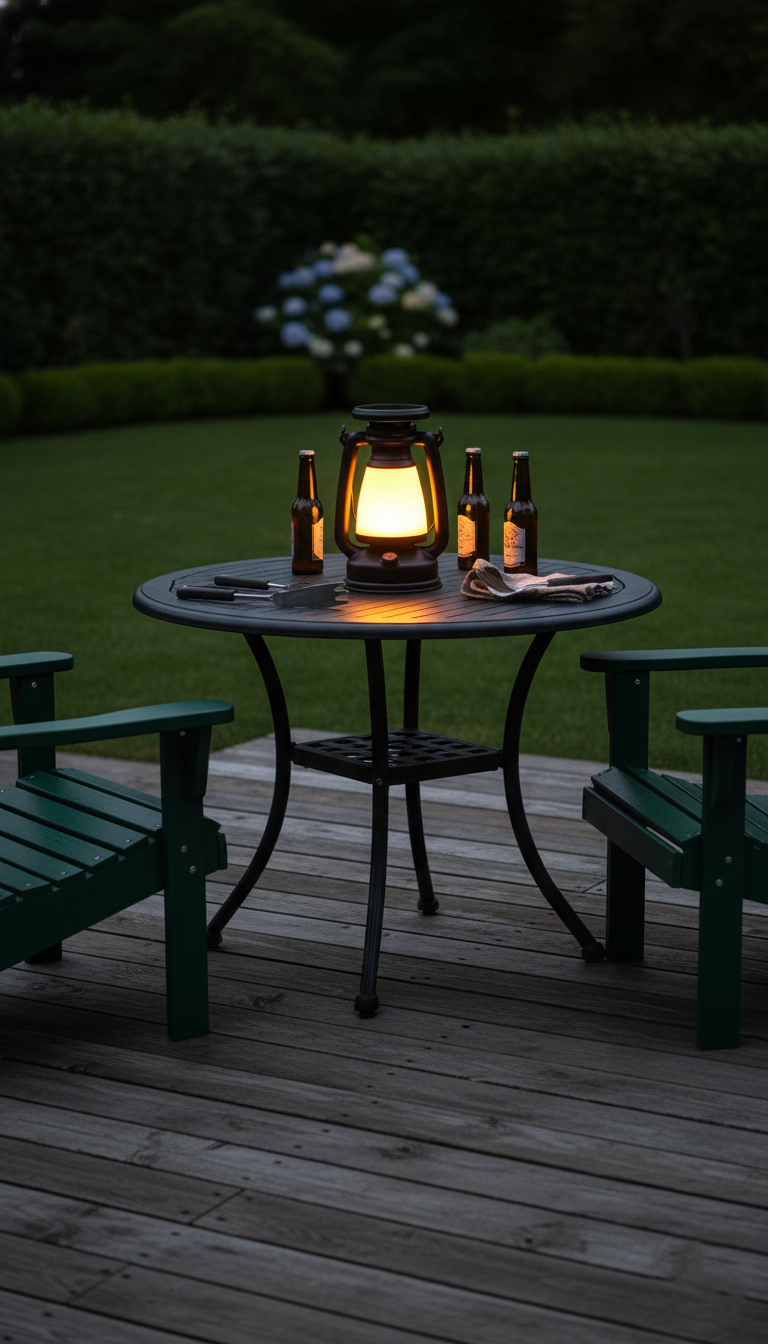 Vintage rechargeable camping lantern providing warm portable light in an outdoor campsite setting after dark
