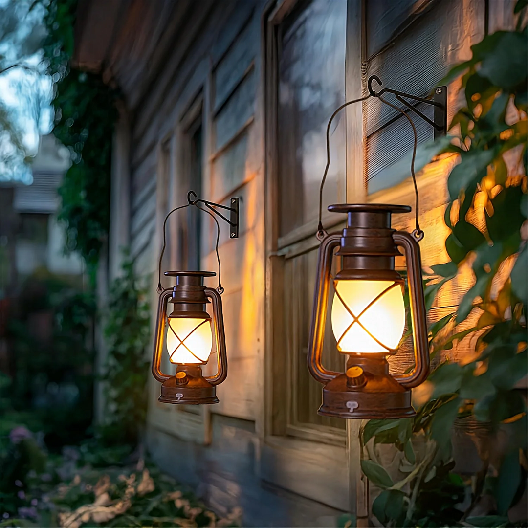 Vintage-style solar lantern with a warm flickering flame effect for decorative outdoor lighting on patios, tables and gardens