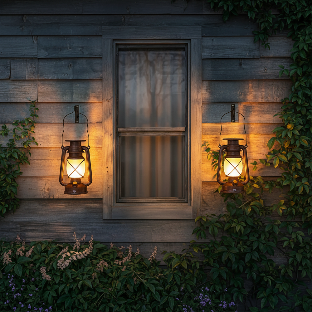 Vintage solar lantern glowing on an outdoor patio or garden setting, creating warm decorative evening ambiance