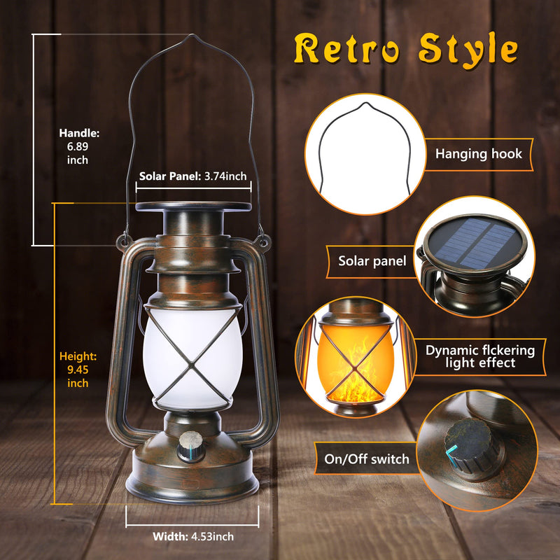 Vintage-style solar lantern product view with a decorative frame, clear light chamber and portable hanging handle