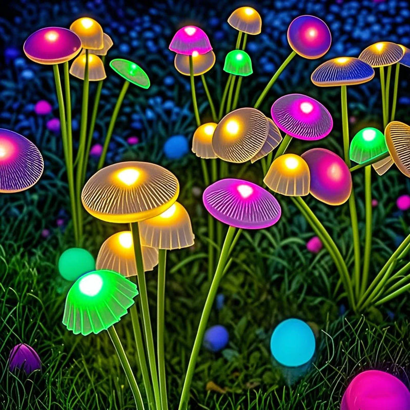 Close-up comparison of Warm White and RGB solar mushroom garden light color options