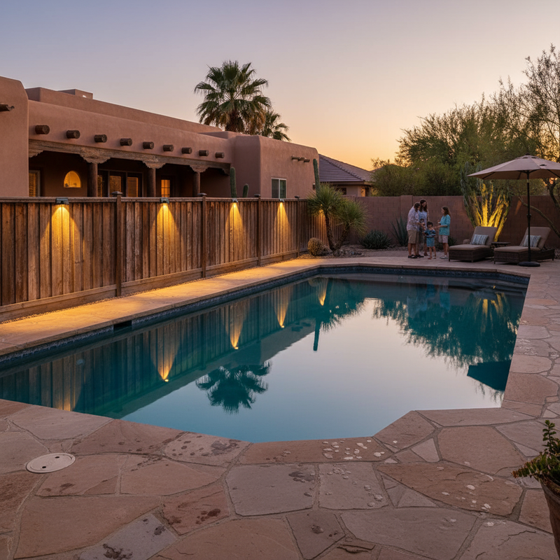 Warm white solar fence lights around backyard pool area in Southwest home | NoxLumin