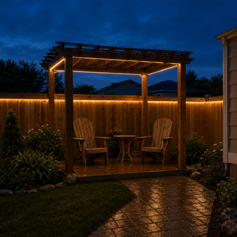 Warmweiße Solar-COB-Lichtschläuche beleuchten nach Regen eine Pergola im Hinterhof