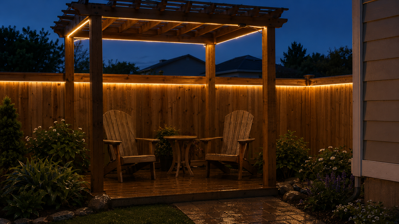 Warm white solar COB rope lights illuminating a backyard pergola after rain