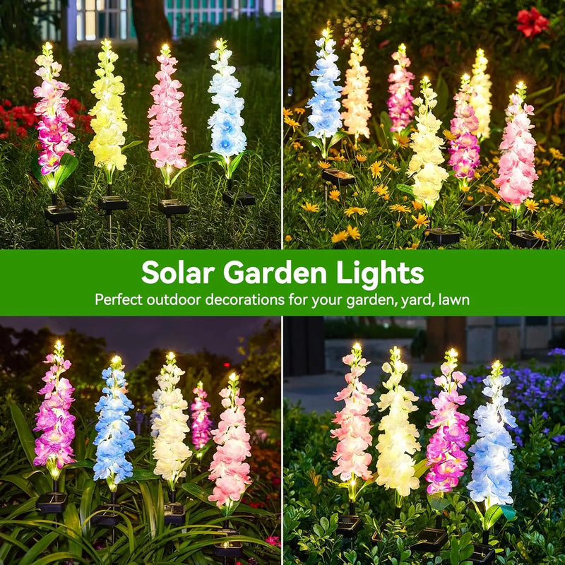 Waterproof solar delphinium flower light designed for outdoor garden beds, lawns and pathway borders