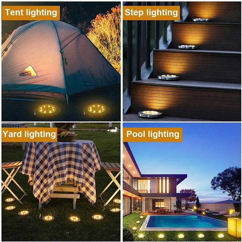 Waterproof solar disk garden light designed for low-profile outdoor placement around lawns, patios, driveways and paths