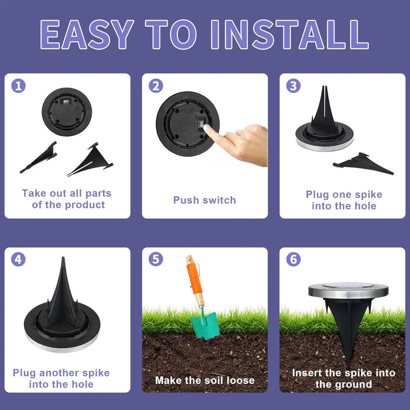 Waterproof solar disk garden lights designed for outdoor exposure around lawns, patios, driveways and walkways