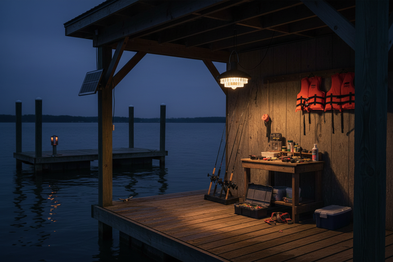 Waterproof solar pendant light in covered boat dock | NoxLumin