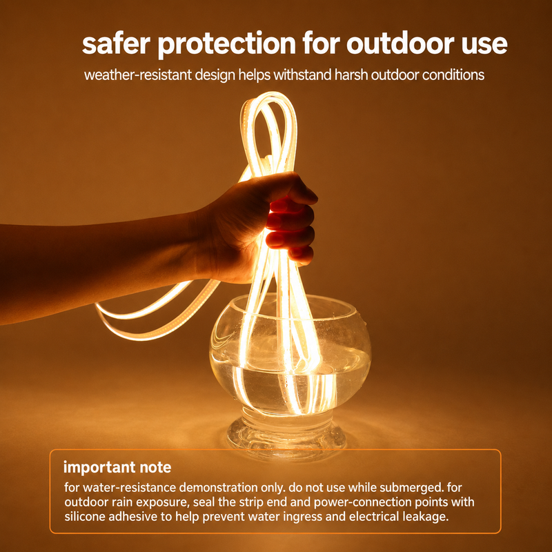 Water-resistance demonstration of a glowing solar COB LED strip over a glass bowl, with a warning not to use it submerged | NoxLumin
