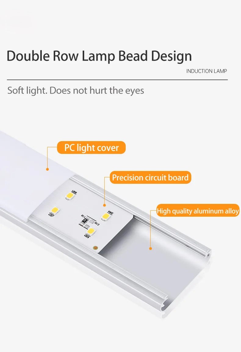 Wireless motion sensor LED bar light shown for under-cabinet and shelf illumination without permanent wiring