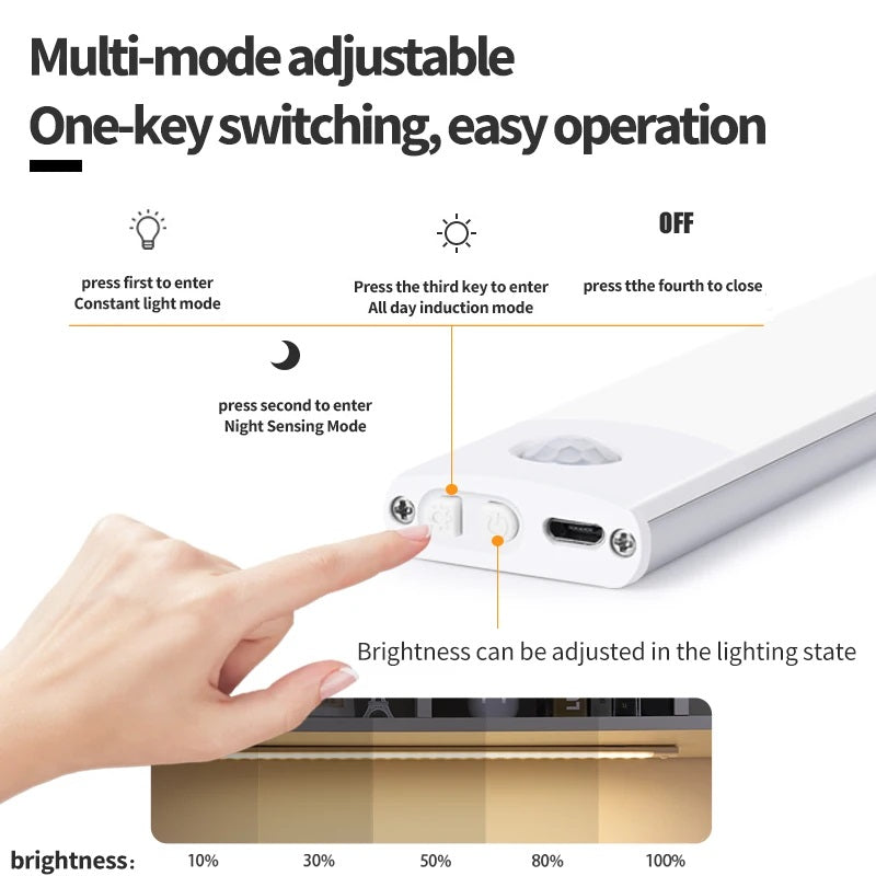 Wireless motion sensor LED bar light installed under a cabinet to illuminate a kitchen counter without wiring