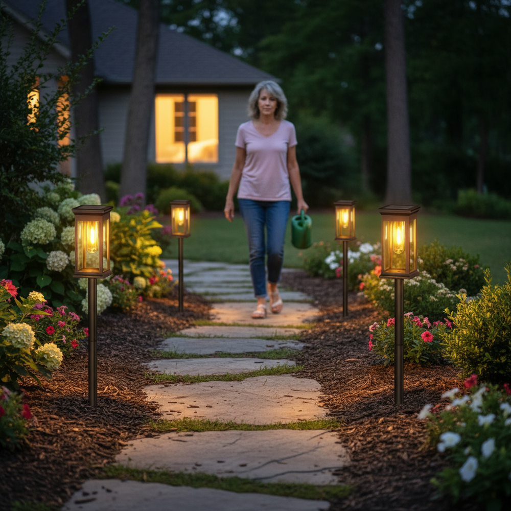 Woman walking along illuminated garden pathway at twilight