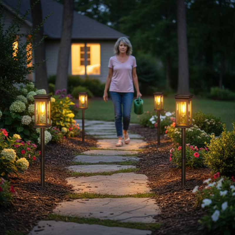 Woman walking along illuminated garden pathway at twilight | NoxLumin